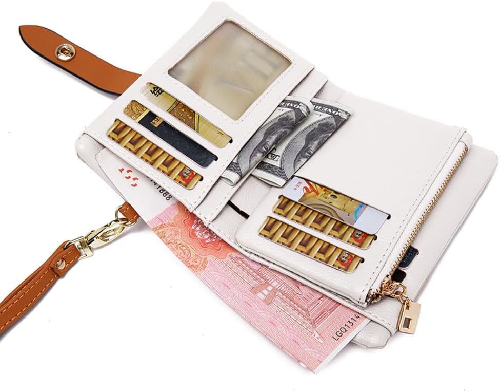 HOTWallets for Women Small Bifold Rfid Leather Ladies Wallets,Compact Wristlet Womens Billfold,Trifold Card Holder with Multi Credit Card Slot Zipper Coin Pocket and Wrist Strap(White)