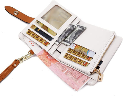 HOTWallets for Women Small Bifold Rfid Leather Ladies Wallets,Compact Wristlet Womens Billfold,Trifold Card Holder with Multi Credit Card Slot Zipper Coin Pocket and Wrist Strap(White)