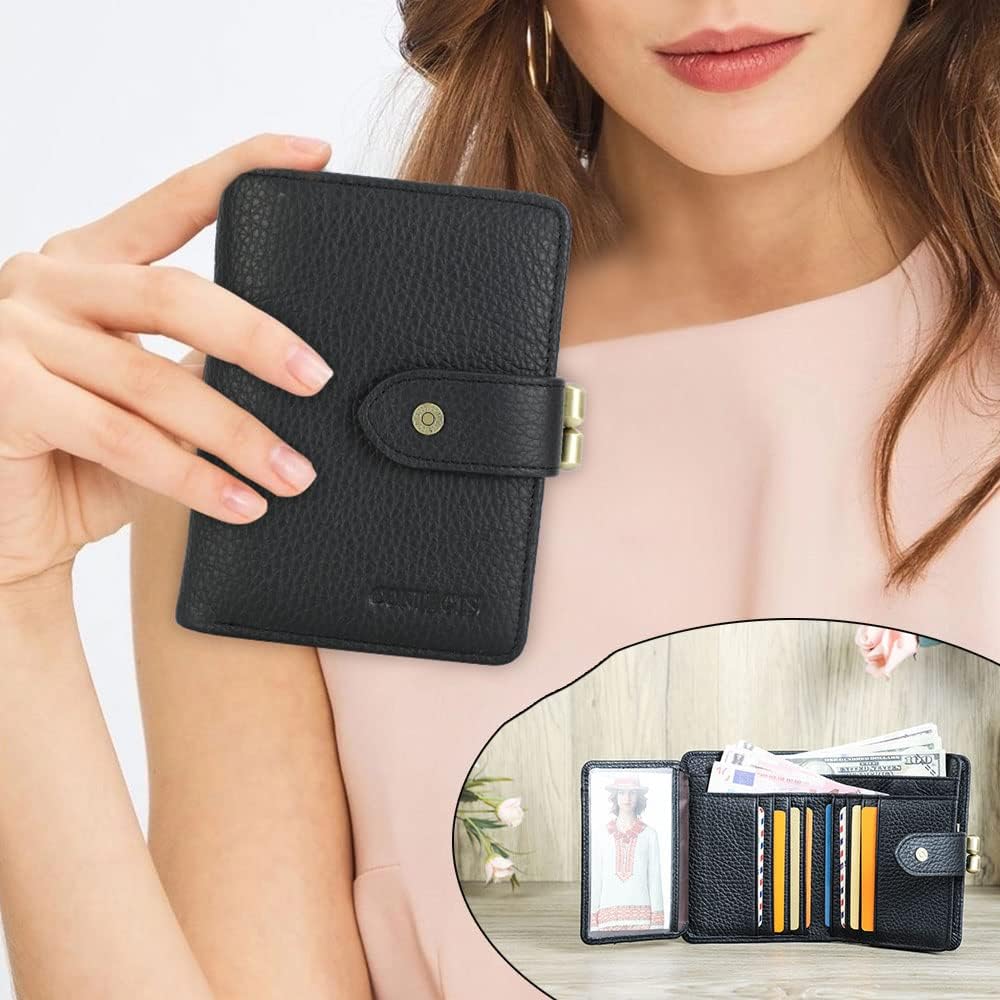 HOTCONTACTS Full Grain Leather Kiss Lock Wallet for Women Coin Pocket Kiss Clasp Purse Small Card Holder Bifold Rfid Wallet (Black)