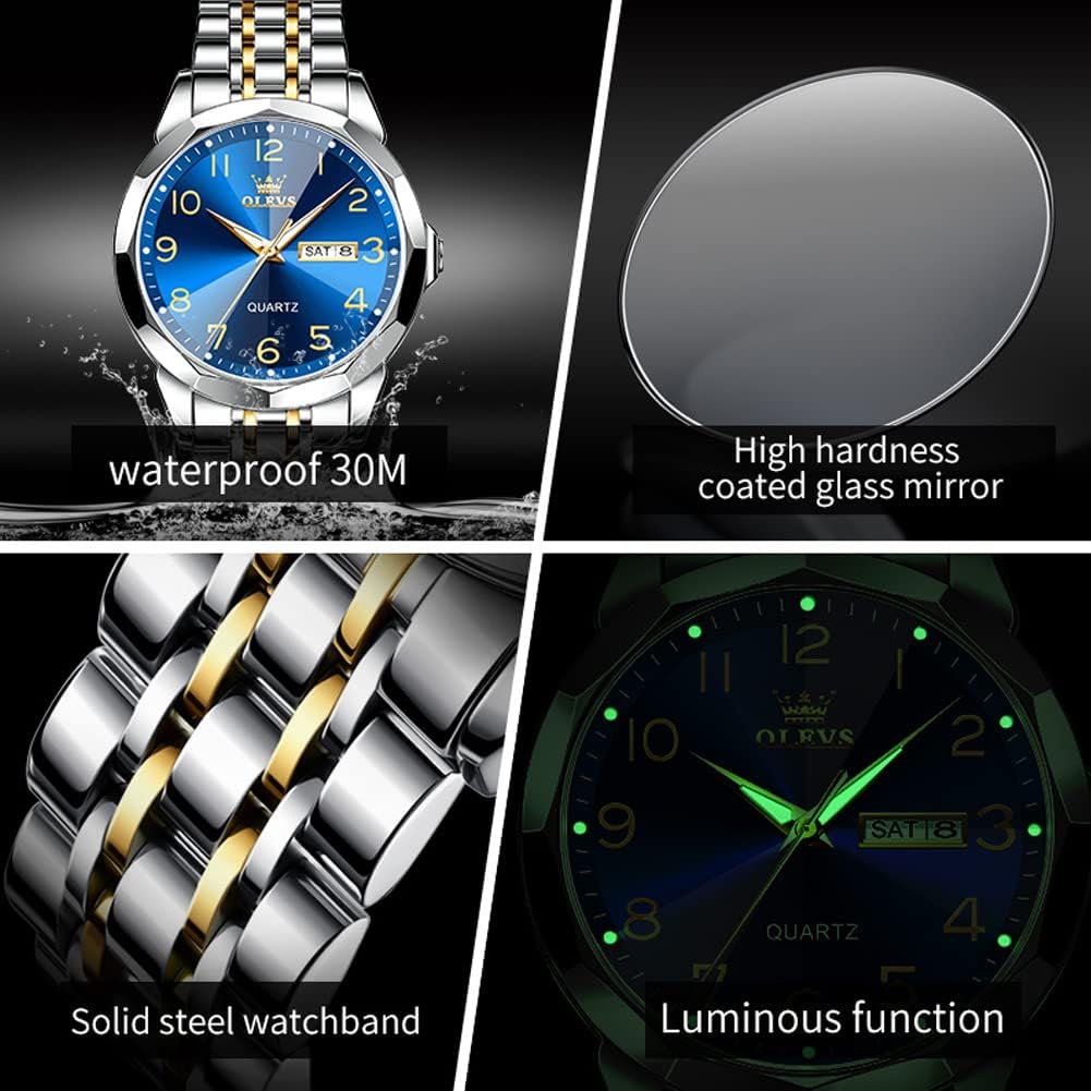 HOTOLEVS Watch for Men Luxury Dress Analog Quartz Stainless Steel Waterproof Luminous Date Diamond Business Two Tone Casual Wrist Watch