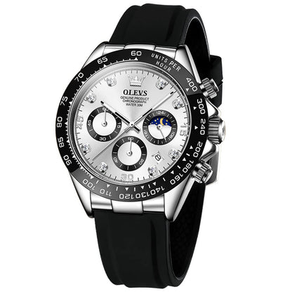 HOTOLEVS Men Analog Quartz Waterproof Watches Multifunction Chronograph Diamond Moon Phase Luminous Silicone Band Wrist Watches