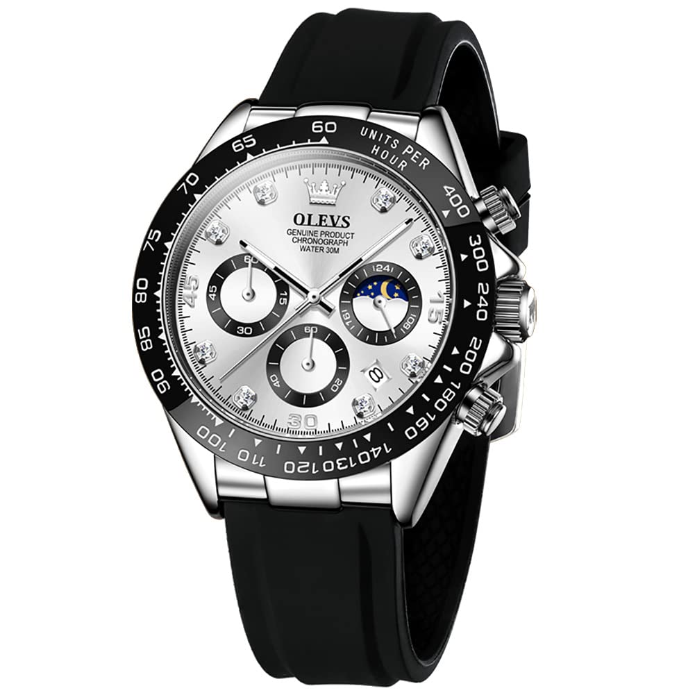 HOTOLEVS Men Analog Quartz Waterproof Watches Multifunction Chronograph Diamond Moon Phase Luminous Silicone Band Wrist Watches