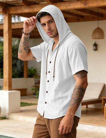 HOTMen's Cotton Linen Shirts Short Sleeve Casual Sweatshirts Button Down Summer Beach Wedding Shirts with Hoodies