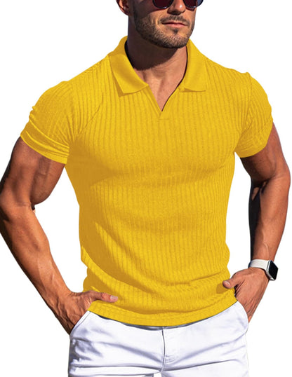 HOTMen's Muscle V Neck Polo Shirts Slim Fit Short Long Sleeve Cotton Golf T-Shirts Ribbed Knit Soft Tees
