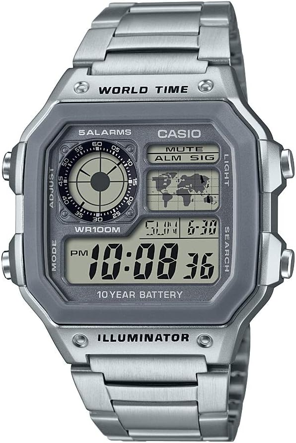 HOTCasio AE1200WH Series | Men’s Digital Watch | 100M WR | Multi Alarms | 100 SEC Stopwatch | Countdown Timer | World Map for World Time | LED Light | LC Analog Display | 10 Year Battery