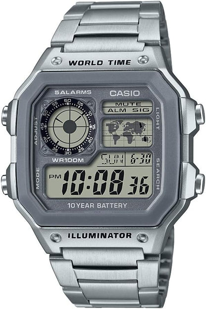 HOTCasio AE1200WH Series | Men’s Digital Watch | 100M WR | Multi Alarms | 100 SEC Stopwatch | Countdown Timer | World Map for World Time | LED Light | LC Analog Display | 10 Year Battery