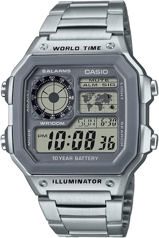 HOTCasio AE1200WH Series | Men’s Digital Watch | 100M WR | Multi Alarms | 100 SEC Stopwatch | Countdown Timer | World Map for World Time | LED Light | LC Analog Display | 10 Year Battery