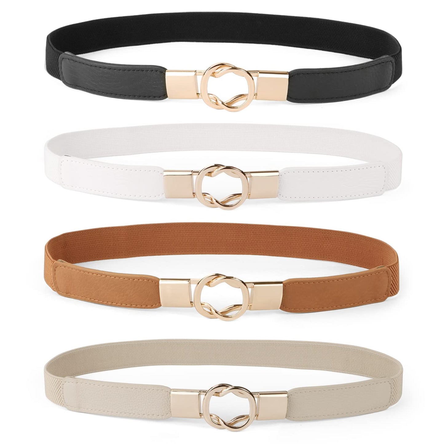 HOTWERFORU Women Skinny Belt for Dresses Retro Stretch Waist Belt with Gold Buckle Set of 4