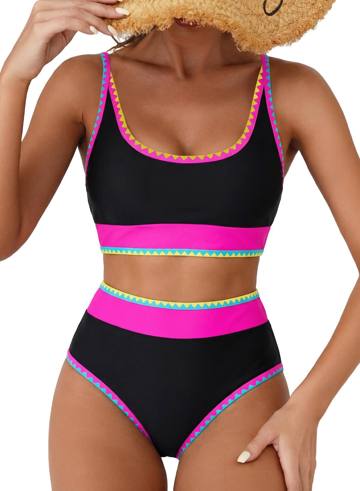 HOTHerseas Women's Bikini Sets Floral Print Whip Stitch 2 Piece Swimsuits High Waisted Scoop Bathing Suits