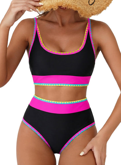 HOTHerseas Women's Bikini Sets Floral Print Whip Stitch 2 Piece Swimsuits High Waisted Scoop Bathing Suits