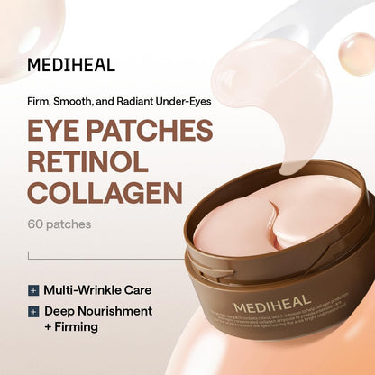 HOTMEDIHEAL Retinol Collagen Under Eye Patches - Korean Hydrogel Eye Pads (60 patches) with 95% Retinol & Collagen - Improves Puffy Eyes & Dark Circles - Non Irritating, Encapsulated Retinol