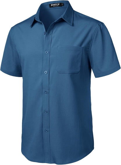HOTJEMITOP Mens Stretch Wrinkle Free Texture Shirts | Lightweight, Summer, Beach, Stylish, Button Down, Short Sleeve, Casual, Vacation