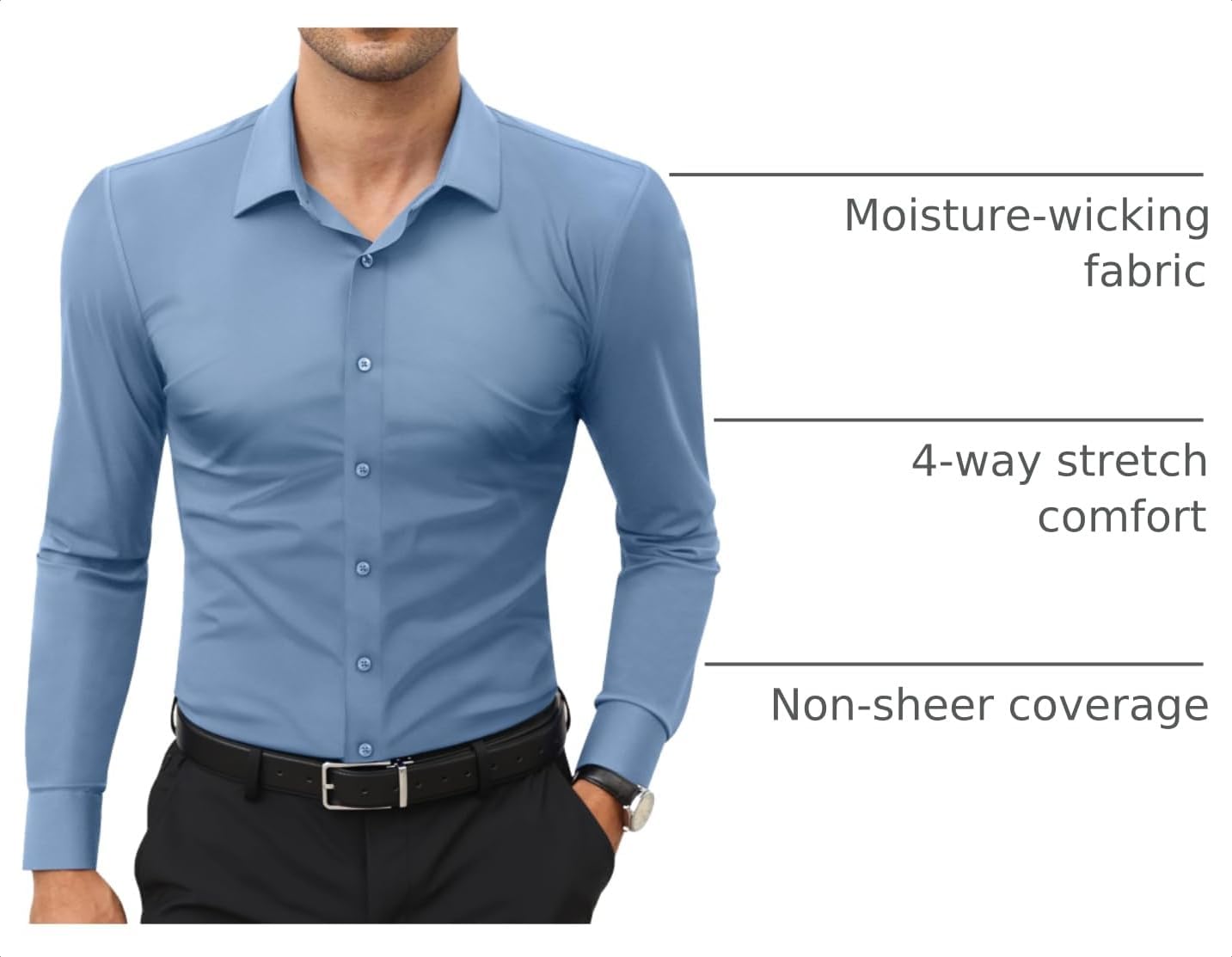 HOTLion Nardo Stretch Mens Dress Shirts Long Sleeve Slim Fit Dress Shirts for Men Muscle Fit Wrinkle Free Button Down Shirt