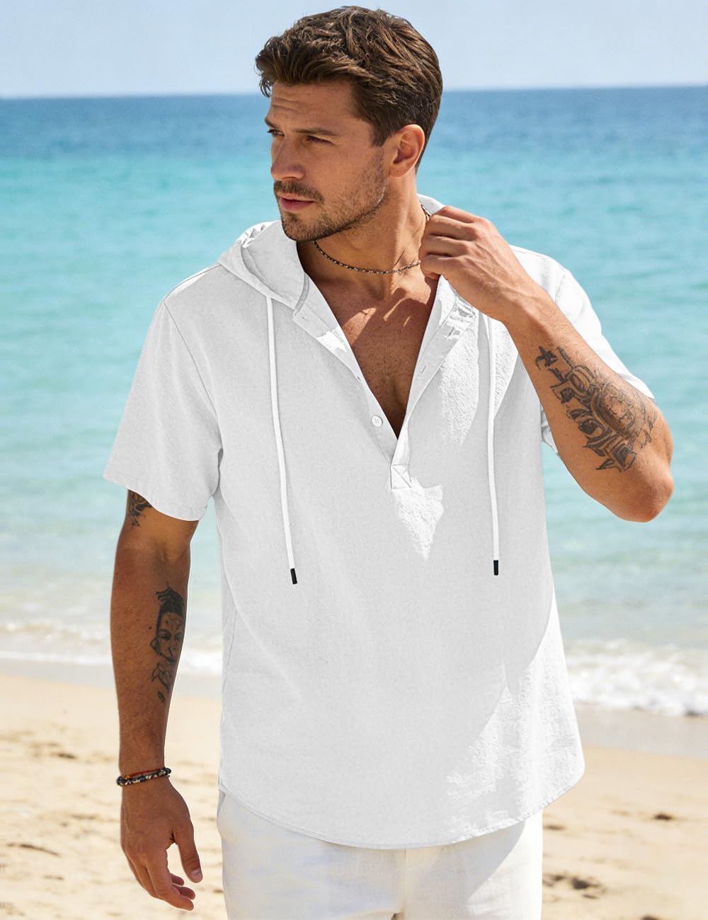 HOTMen's Cotton Linen Shirts Short Sleeve Casual Button Down Hoodies Summer Hawaiian Beach Top with Drawstring