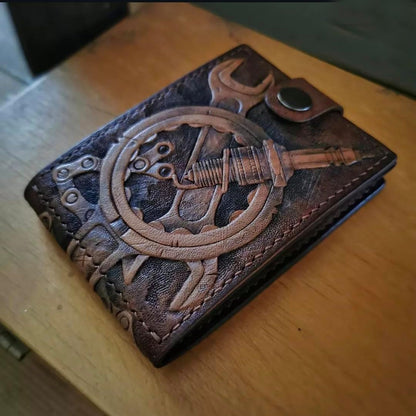 HOTMen's 3D Genuine Leather Wallet, Hand-Carved, Hand-Painted, Leather Carving, Custom wallet, Personalized wallet, Skull, Gear Head Design, Wrench, Spanner, Skeleton, Bone, Biker, Spark Plug