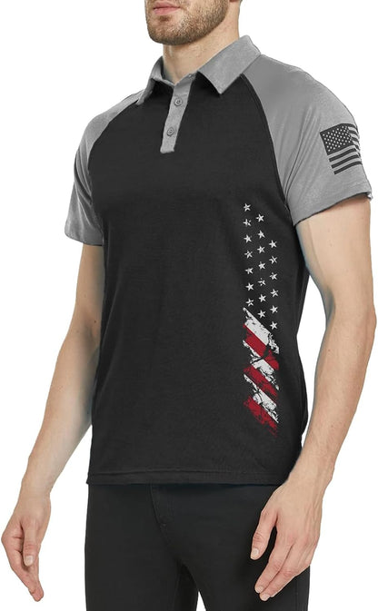 HOTMen's Polo Shirt Short Sleeve Quick Dry American Flag Print Graphic Split Color Golf Shirt for Sport