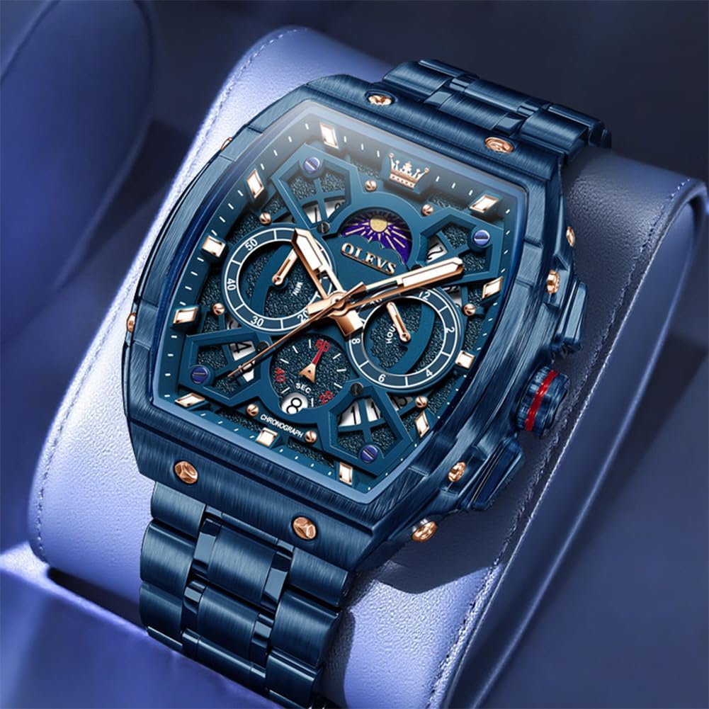 HOTOLEVS Watches for Men Analog Quartz Luxury Diamond Waterproof Chronograph Stainless Steel Big Face Square Date Moon Phase Roman Numeral Dress Mens Watches