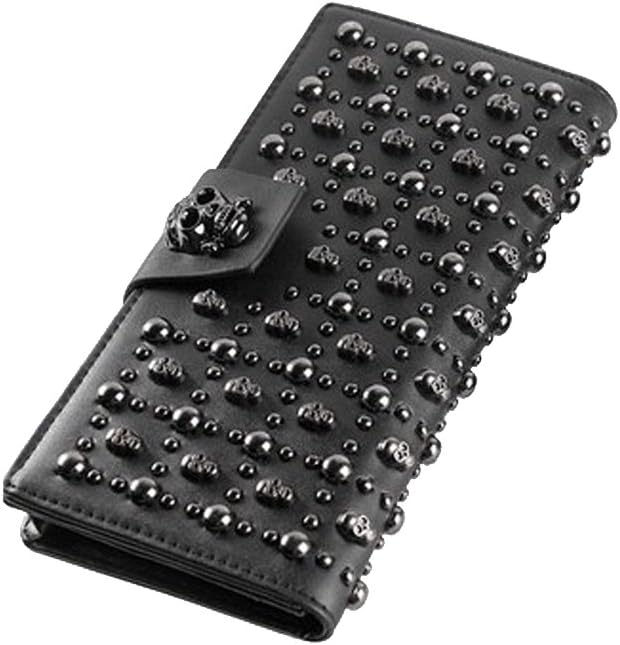 HOTShinywear Women's Black Long Skull Studded Purses Genuine Leather Card Holder Wallet