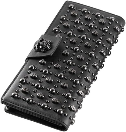 HOTShinywear Women's Black Long Skull Studded Purses Genuine Leather Card Holder Wallet