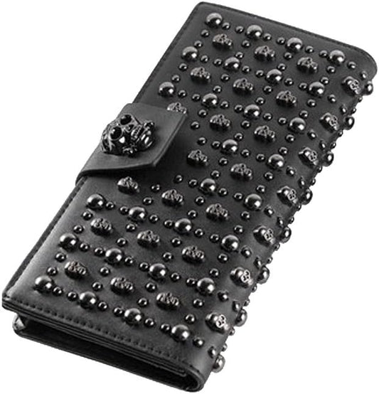 HOTShinywear Women's Black Long Skull Studded Purses Genuine Leather Card Holder Wallet