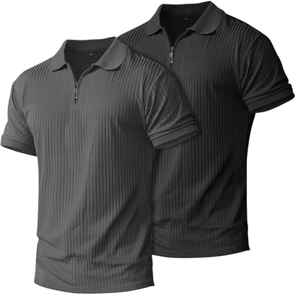 HOTplop 2 Pack Mens 1/4 Zipper Muscle Polo Shirts Slim Fit Collared Shirt Short Sleeve Ribbed Knit Fitted Casual Athletic Tee