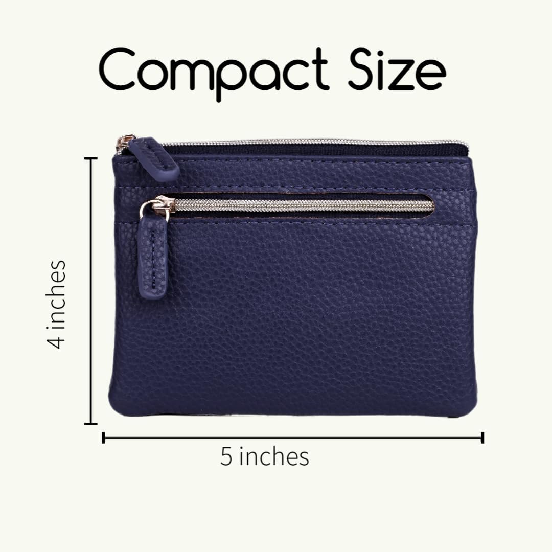 HOTJulia Buxton Vegan Leather Wallet with Zipper, ID Windows, RFID Blocking, Card Slots & Key Ring, Compact Coin & Card Holder Case, Gift Idea, True Blue