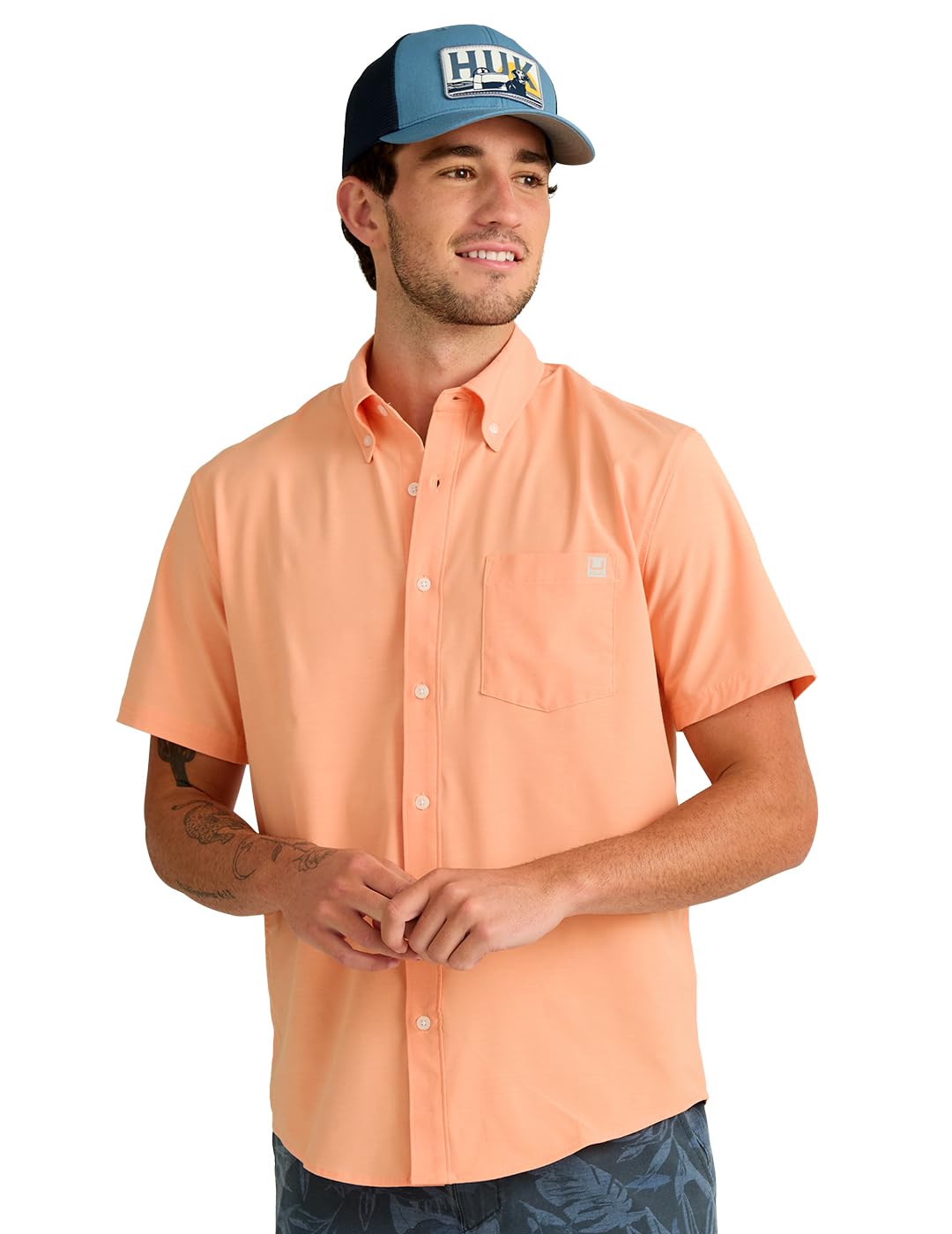 HOTHUK Men's Kona Solid Short Sleeve Fishing Button Down Shirt