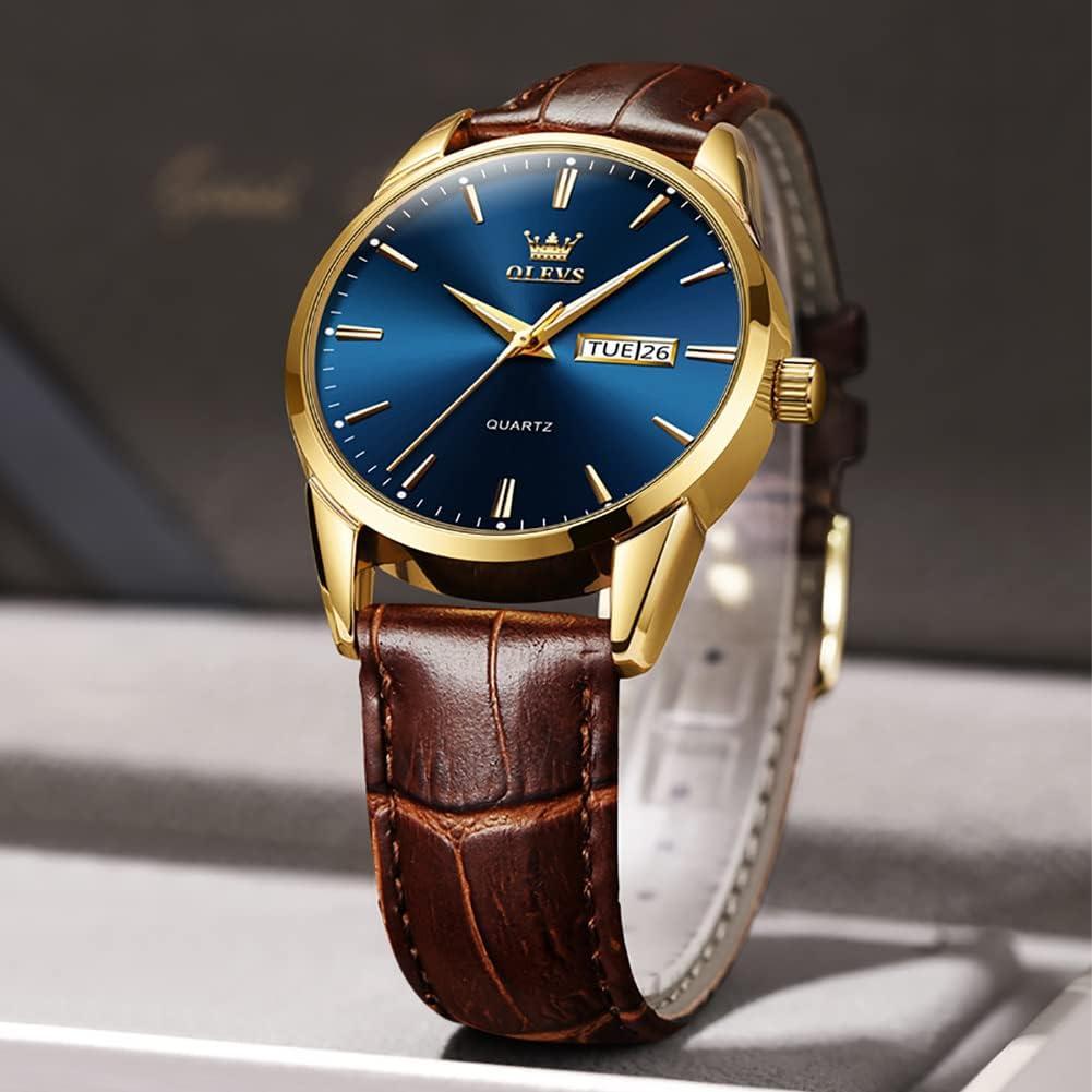 HOTOLEVS Mens Watch Brown Leather Band Dress Watch for Men Quartz Waterproof Men's Wrist Watch 38MM Gold Case Easy to Read Day Date Business Casual Men Watches Gifts for Him Relojes para Hombres