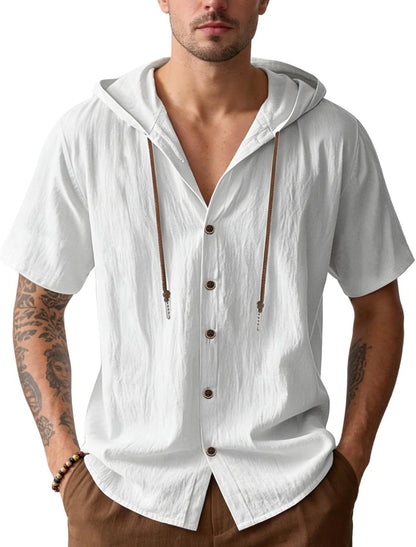 HOTMen's Cotton Linen Shirts Short Sleeve Casual Sweatshirts Button Down Summer Beach Wedding Shirts with Hoodies