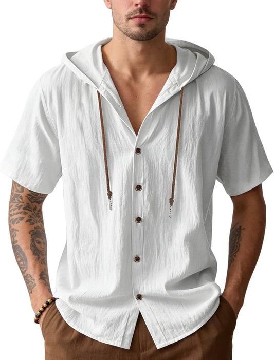HOTMen's Cotton Linen Shirts Short Sleeve Casual Sweatshirts Button Down Summer Beach Wedding Shirts with Hoodies