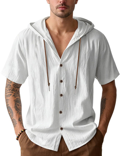 HOTMen's Cotton Linen Shirts Short Sleeve Casual Sweatshirts Button Down Summer Beach Wedding Shirts with Hoodies