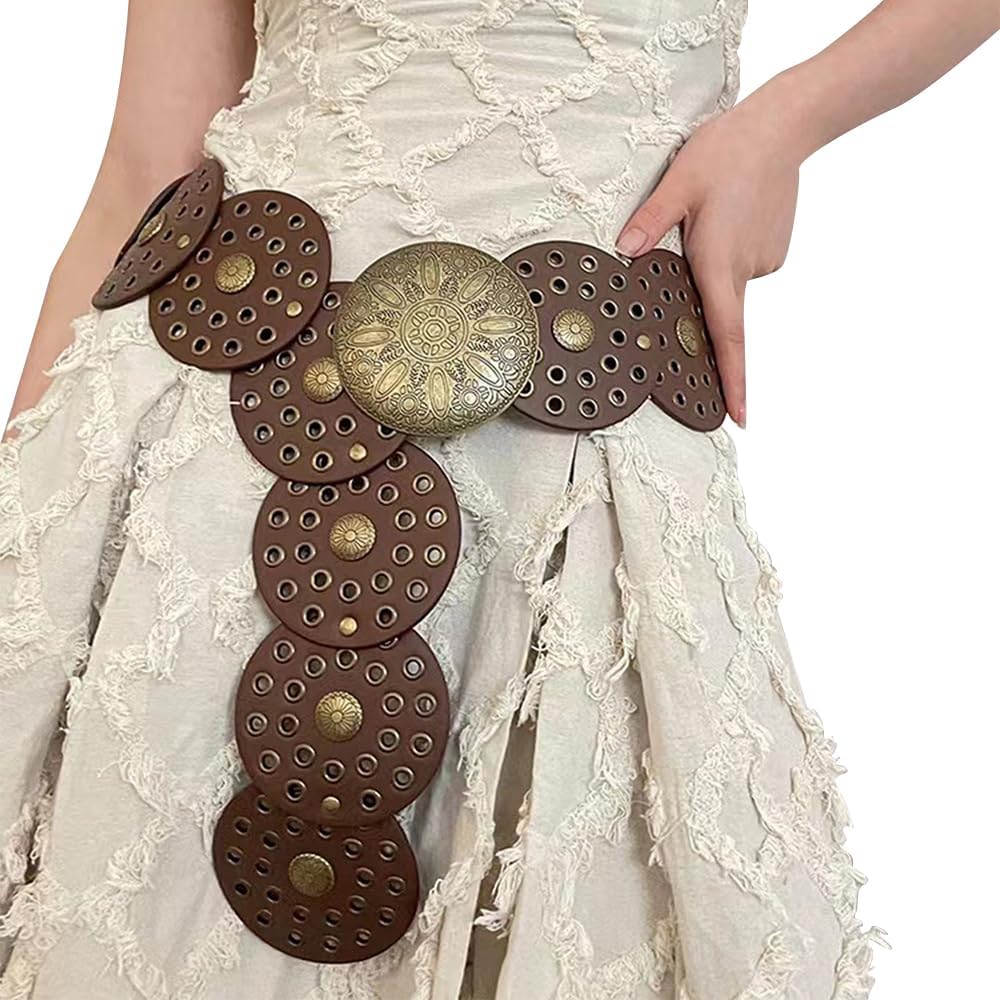 HOTWide Vintage PU-Leather Western-Disc-Concho-Belt Women Boho Cowgirl-Belt