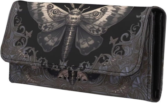 HOTGoth Moth Purse Black PU Leather Slim Wallet for Women, Gothic Floral Long Trifold Clutch Checkbook Wallets with Zipper Pocket, Vintage Victorian Purse Credit Card Holder