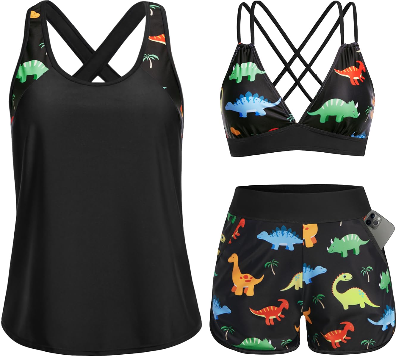 HOTWomen's 3 Piece Tankini Swimsuit Tummy Control with Bra Pocket Boy Shorts | Modest Bathing Suit, Athletic Style, Strappy-Back Support, High-Waist Fit, Built-In Brief, Side Pockets, Beach Swim Days