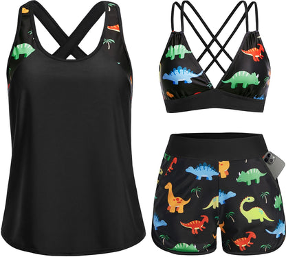 HOTWomen's 3 Piece Tankini Swimsuit Tummy Control with Bra Pocket Boy Shorts | Modest Bathing Suit, Athletic Style, Strappy-Back Support, High-Waist Fit, Built-In Brief, Side Pockets, Beach Swim Days