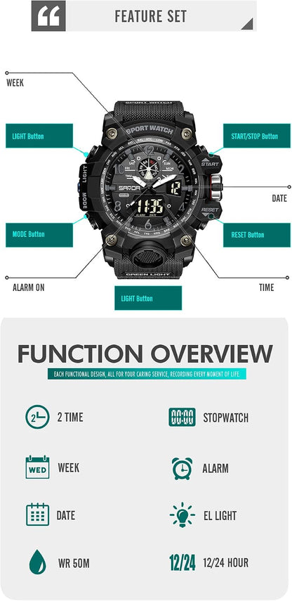 HOTKXAITO Men's Watches Sports Outdoor Waterproof Military Wrist Watch Date Multi Function Tactics LED Alarm Stopwatch