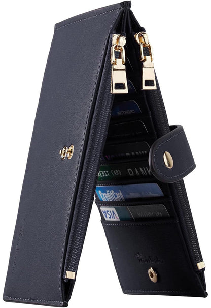 HOTTravelambo Womens Leather Bifold Wallet, Slim RFID Blocking Card Holder | Large Capacity, 16 Card Slots & ID Window, 2 Zipper Pockets, Dual Snap Closure, Slim Lightweight, RFID Privacy Protection