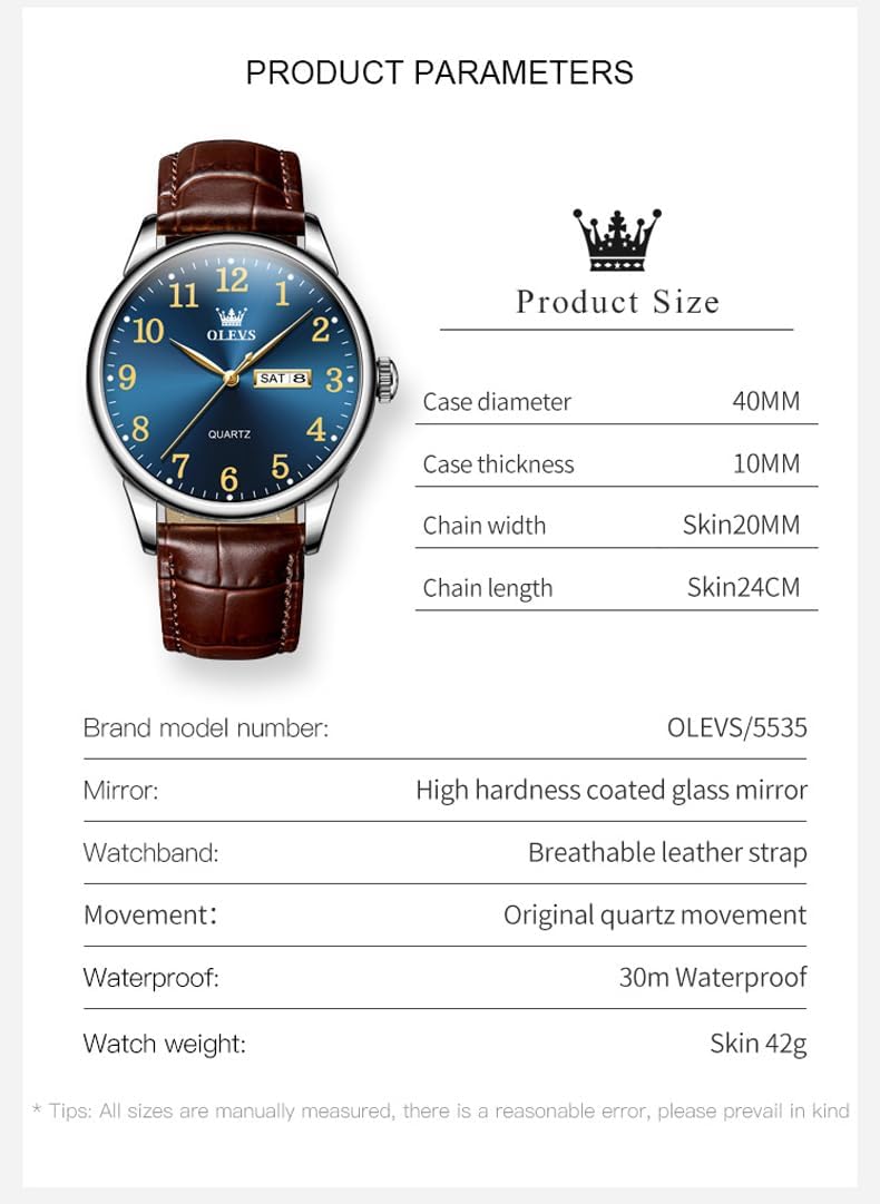 HOTOLEVS Mens Watches Vintage Leather Band Dress Classic Easy Reader Arabic Numerals Analog Quartz Waterproof Date Day Men's Wrist Watches
