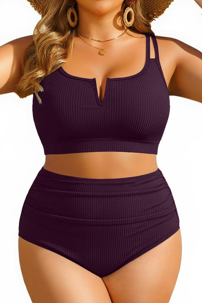 HOTWomen Plus Size High Waisted Bikini Ribbed Two Piece Tummy Control Swimsuit | V-Wired Bathing Suit, Adjustable Straps, Full Coverage, Full Lining