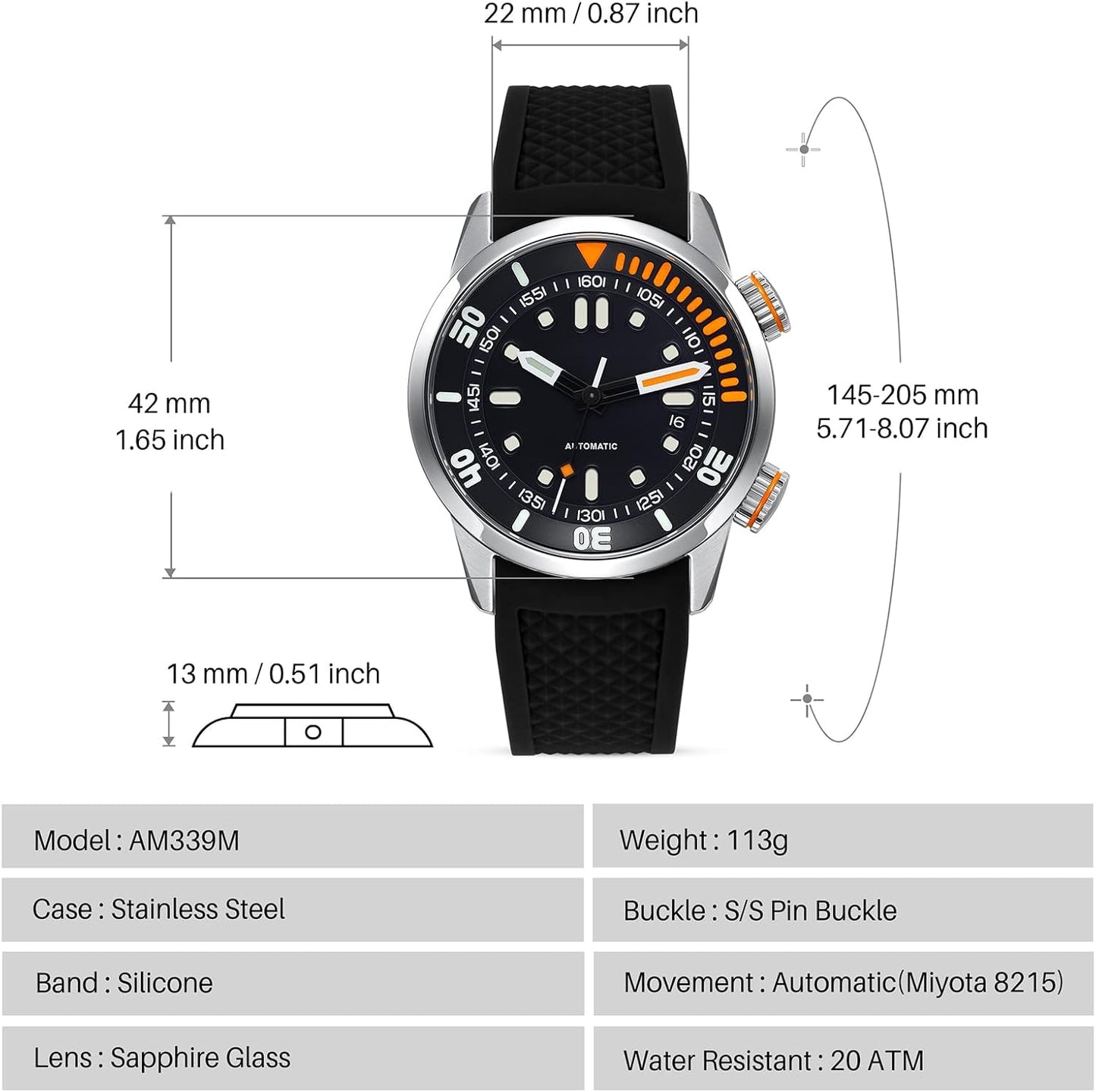 HOTBERNY Men's Dive Watch, Fashion Mechanical Automatic Watches for Men, 20AMT Waterproof Male Wrist Watch, Super Luminous Sapphire Glass Comfortable Silicone Watch Band Luxury Birthday Presents