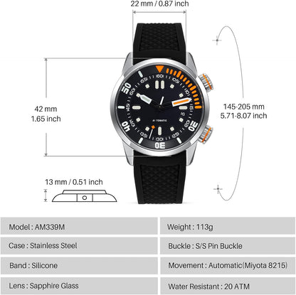 HOTBERNY Men's Dive Watch, Fashion Mechanical Automatic Watches for Men, 20AMT Waterproof Male Wrist Watch, Super Luminous Sapphire Glass Comfortable Silicone Watch Band Luxury Birthday Presents