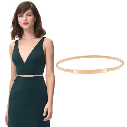 HOTXZQTIVE 2 Pieces Women Skinny Metal Chain Waist Belt Stretchy Saree Cinch Belt for Dress Gold Sliver