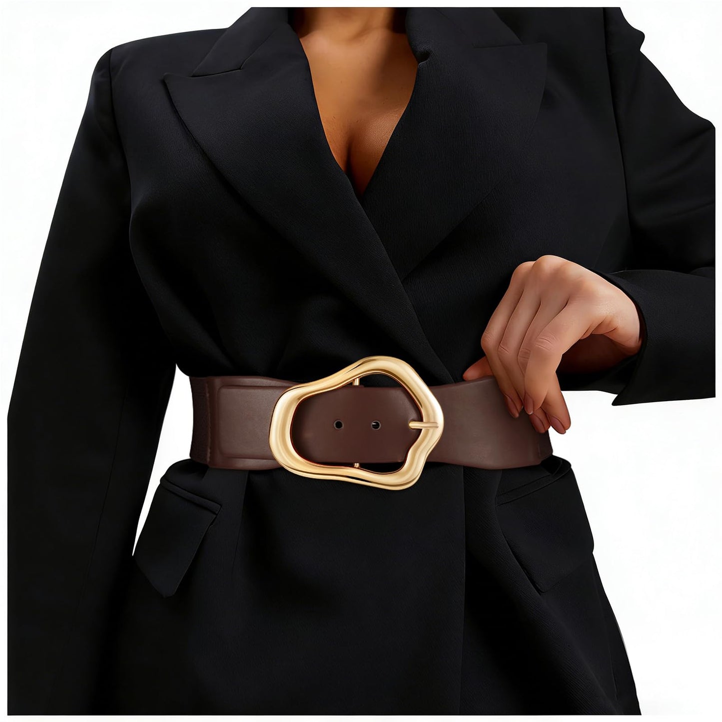HOTXZQTIVE Women Wide Elastic Waist Belt for Dresses Fashion Big Gold Buckle Stretchy Leather Waistband for Ladies