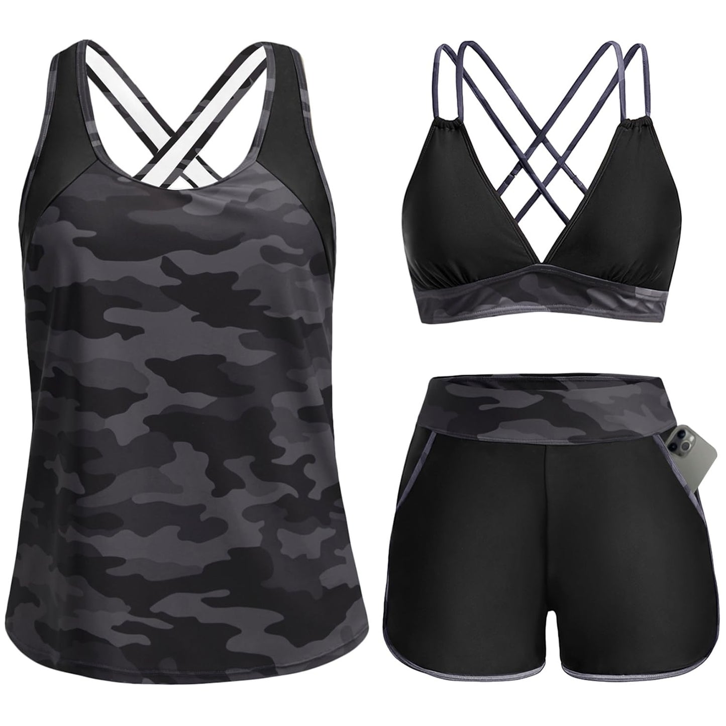 HOTWomen's 3 Piece Tankini Swimsuit Tummy Control with Bra Pocket Boy Shorts | Modest Bathing Suit, Athletic Style, Strappy-Back Support, High-Waist Fit, Built-In Brief, Side Pockets, Beach Swim Days