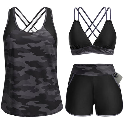 HOTWomen's 3 Piece Tankini Swimsuit Tummy Control with Bra Pocket Boy Shorts | Modest Bathing Suit, Athletic Style, Strappy-Back Support, High-Waist Fit, Built-In Brief, Side Pockets, Beach Swim Days