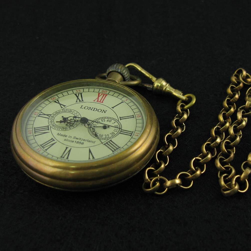 HOTVIGOROSO Men's Vintage Full Copper Hand-Wind Mechanical Second&24hours Sub-dials Pocket Watch in Box