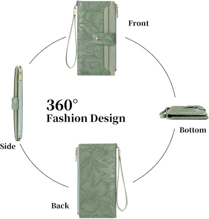 HOTSENDEFN Womens Wallet Slim Thin Bifold Card Holder RFID Blocking Vegan Leather Long Ladies Wallets with Wristlet