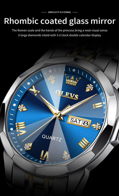 HOTOLEVS Watch for Men Diamond Business Dress Analog Quartz Stainless Steel Waterproof Luminous Date Two Tone Luxury Casual Wrist Watch Blue