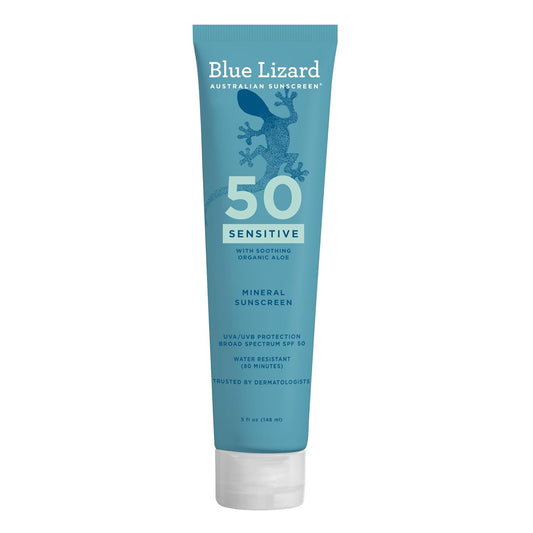 HOTBlue Lizard Sensitive Mineral SPF 50 Sunscreen Lotion, 100% Mineral Sunscreen, UVA/UVB Protection, Infused with organic Aloe Vera, Soothes and Hydrates, 5 fl oz