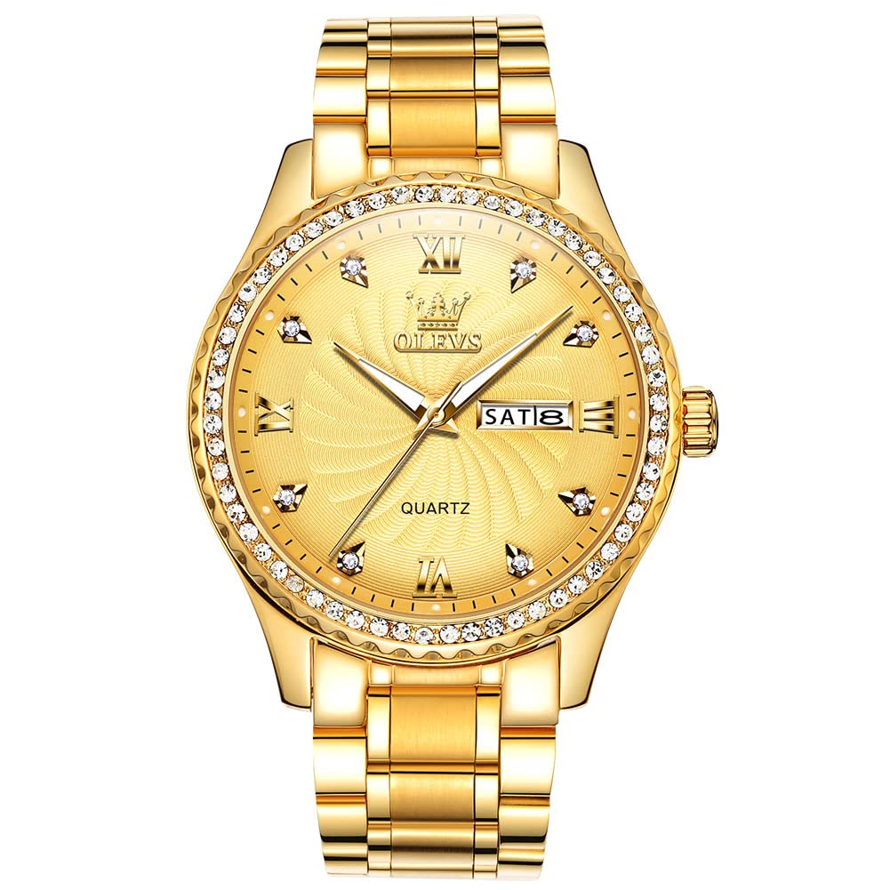 HOTOLEVS Men's Casual Stainless Steel Watch, Big Face Easy to Read Analog Quartz Watch with Day and Date, Classic Waterproof Diamond Roman Arabic Numeral Dial Dress Watch for Men, Gold Silver Black Band